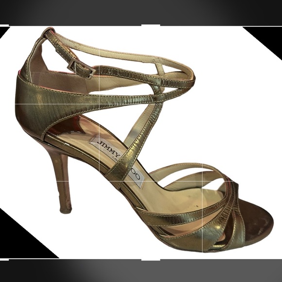 JIMMY CHOO Lancer Gold Metallic Leather Strappy Heels Size EU 38 - Picture 1 of 11